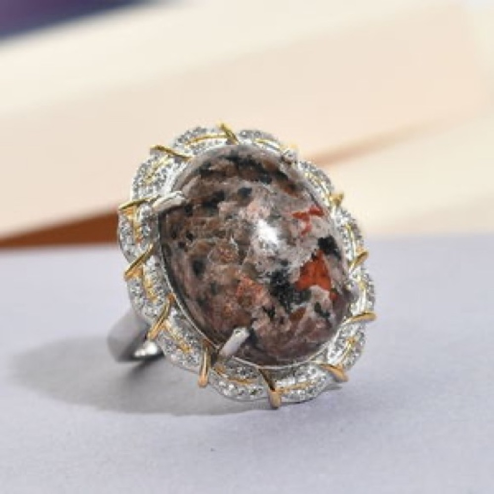 Yooperlite  White Zircon Ring in Vermeil YG & Platinum Over Sterling Silver